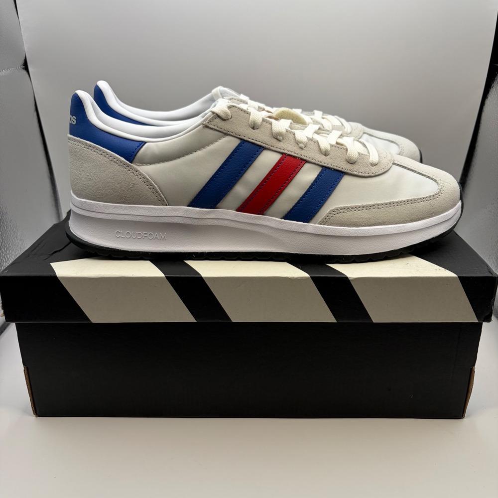 addidas Men's Run 70 2.0 White Sneakers with Blue and Red Stripes
